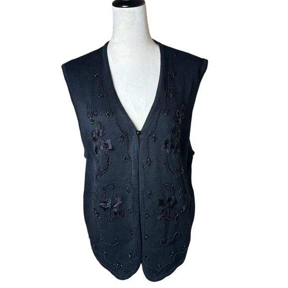 Requirements Black Beaded Floral Embroidered Knit Vest XL | Y2K Goth Grannycore - Picture 1 of 9